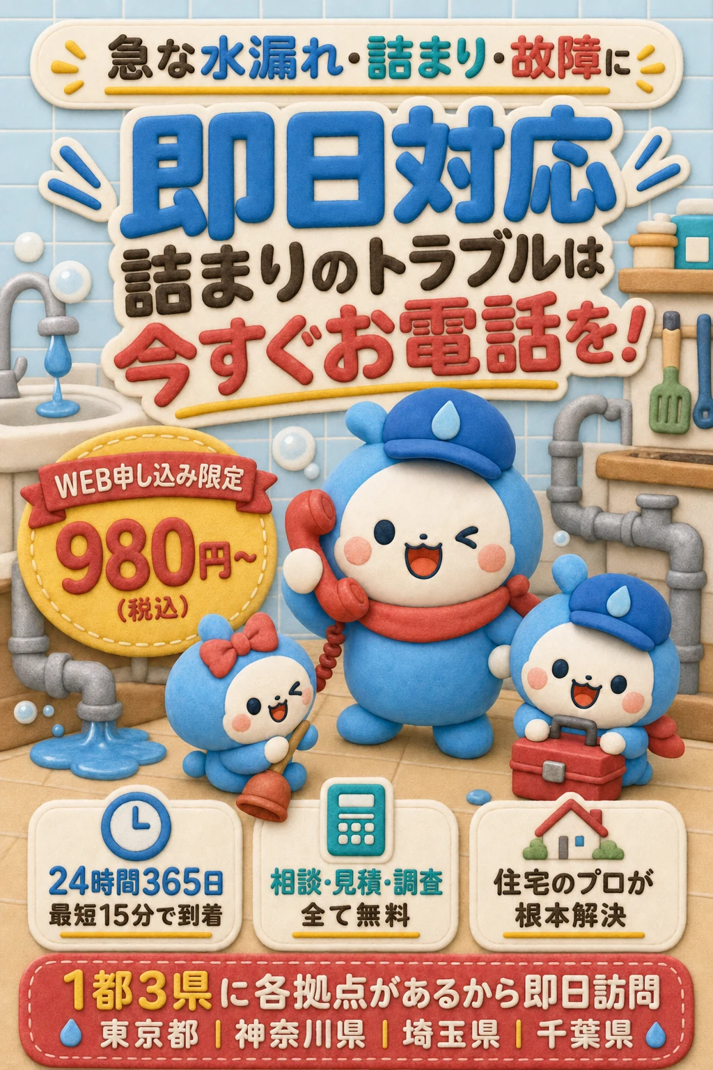 急な水漏れ・詰まり・故障に即日対応。詰まりのトラブルは今すぐお電話を。980円〜(税込)。1都3県(東京都・神奈川県・埼玉県・千葉県)に各拠点があるから即日訪問